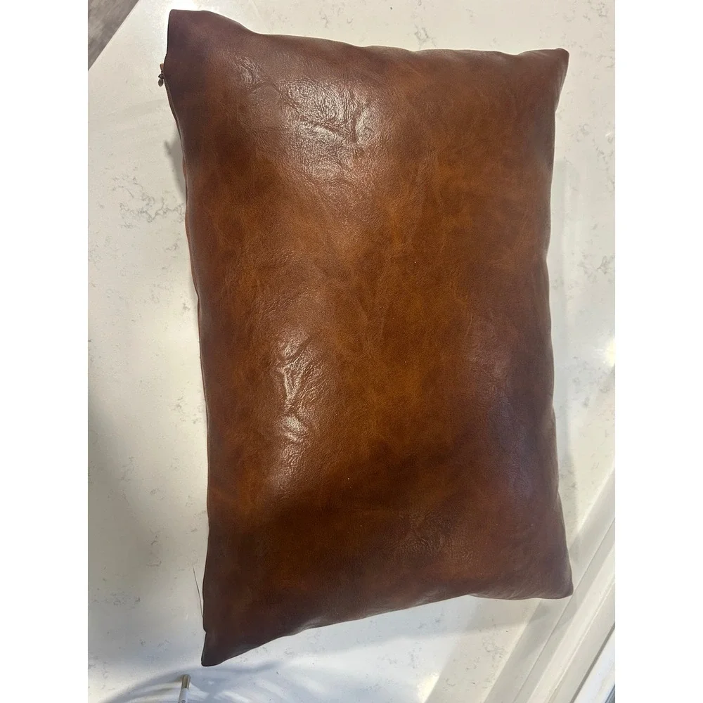 Frye Cognac Brown Faux Leather Decorative Throw Pillow Stitched Accent
